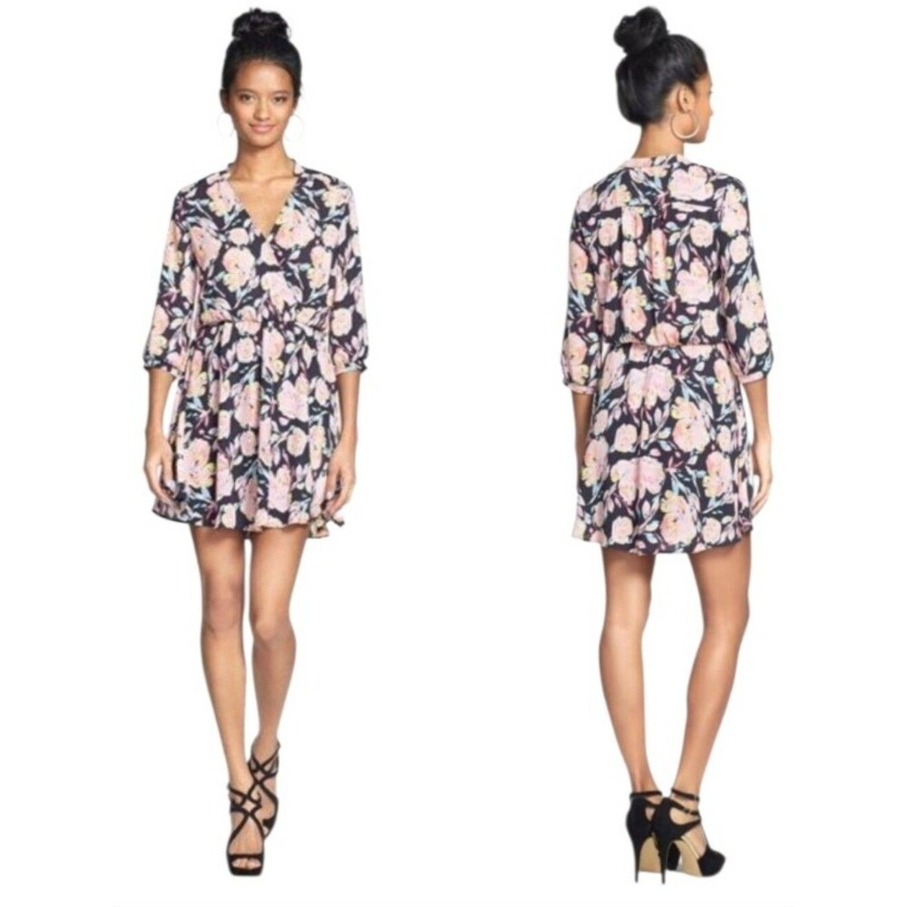 Lush Pink & Navy Floral Faux Wrap Dress